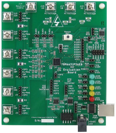 The evaluation board for the 78M6631 three-phase power measurement and monitoring IC Maxim evaluation board for the 78M6631